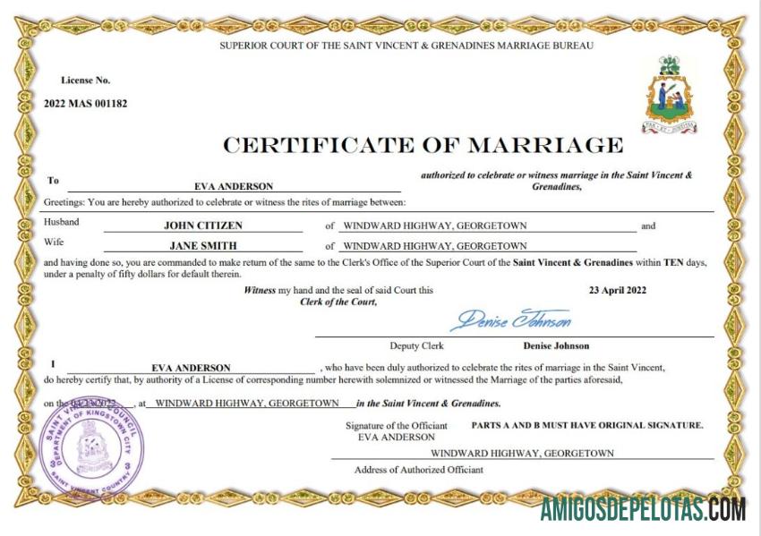 Em branco modelo Word e PDF de certidão de casamento de São Vicente e Granadinas